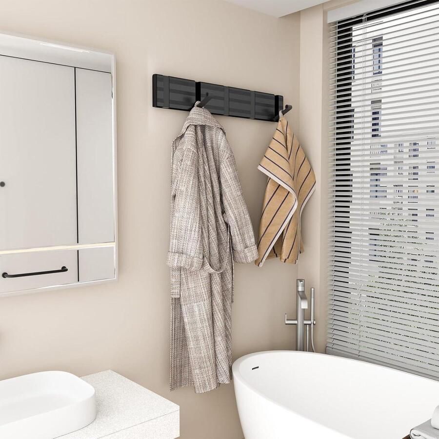 Kapstok Hangend Moderne Wandgemonteerde Kapstok Met 5 Neerklapbare Haken Zware Metalen Kapstok Voor Entree Slaapkamer Badkamer Zwart