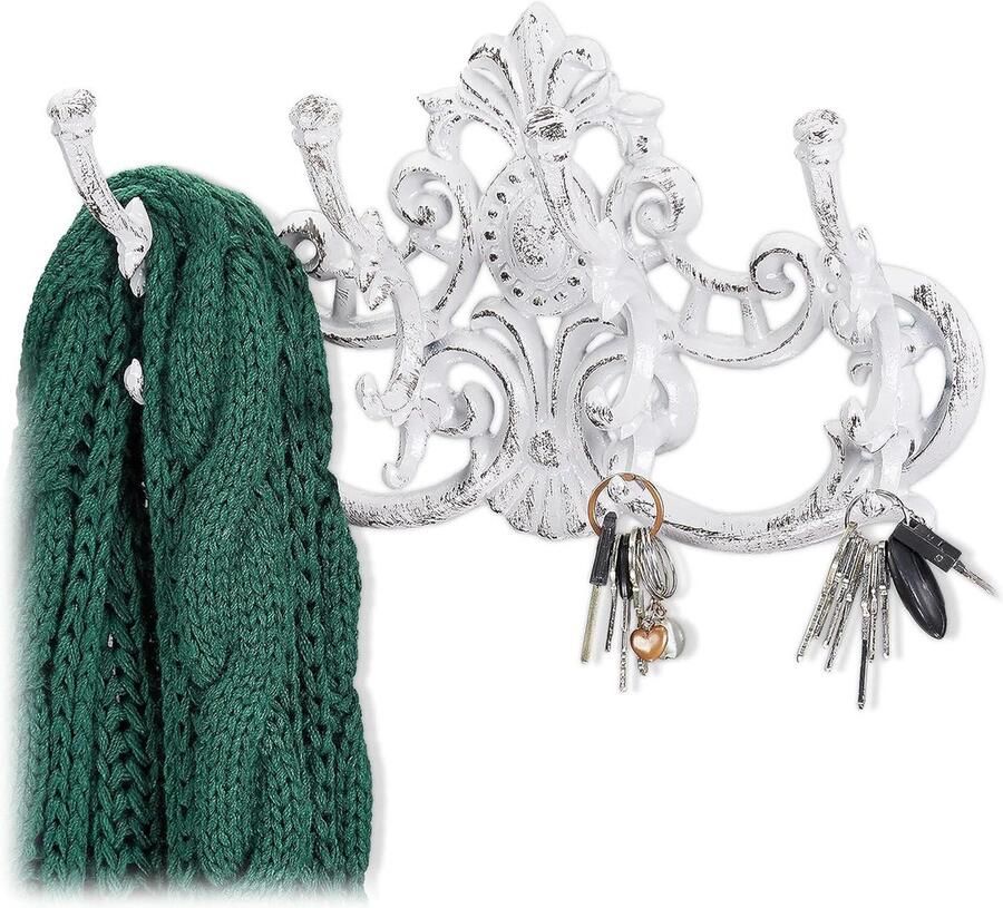 Kapstok Hangend Vintage Landhuisstijl Gietijzer 4 Muurhaken H x B x D 20.5 x 34 x 12.5 cm Antiek Wit