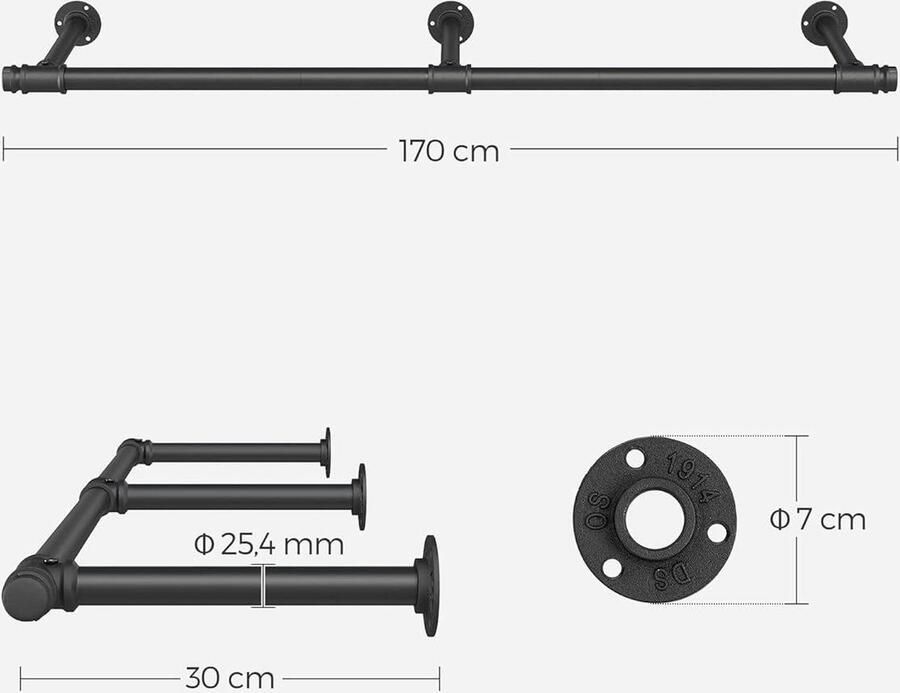 Kapstok Hangend Wandgarderobe Industrieel Zwart 304 x 170 x 7 cm Eenvoudige Montage Draagvermogen 68 kg