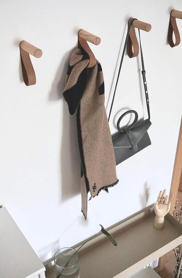 Kapstok Hangend Wandhaak met Lederen Lus Houten jashaak Muurdecoratie Moderne Scandinavische Stijl Set van 3