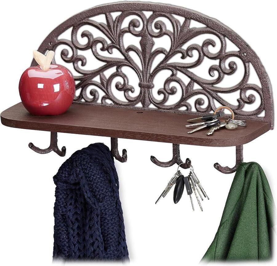Kapstok Hangend Wandkapstok Met Plankje Antiek Design 4 Dubbelhaken Sleutelrekje Gietijzer HBD 23x39x11.5 cm Bruin