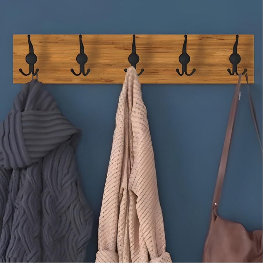 Kapstok Hangkapstok 5x3 Metaal Haakjes Hangend Industrieel Wandkapstok 80 x 15 cm MDF Okkernoot