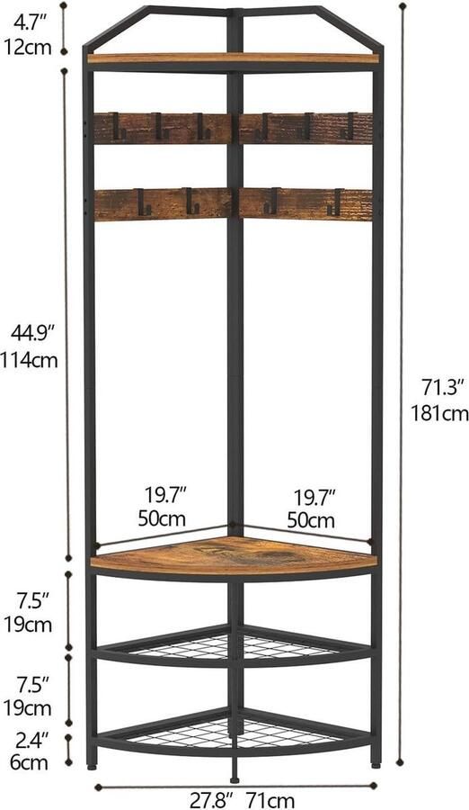 Kapstok Hoekgarderobe met 12 Beweegbare Haken en Opbergrek Vrijstaand Kledingrek voor Hal Woonkamer Slaapkamer en Kantoor