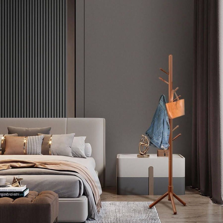 Kapstok hout kledingstandaard stabiel met 8 haken 3 verstelbare hoogtes vrijstaande garderobe in boomvorm ruimtebesparende kleerhangers voor hal woonkamer slaapkamer bruin - Foto 2