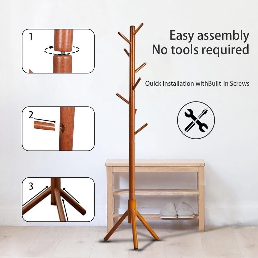 Kapstok hout kledingstandaard stabiel met 8 haken 3 verstelbare hoogtes vrijstaande garderobe in boomvorm ruimtebesparende kleerhangers voor hal woonkamer slaapkamer bruin