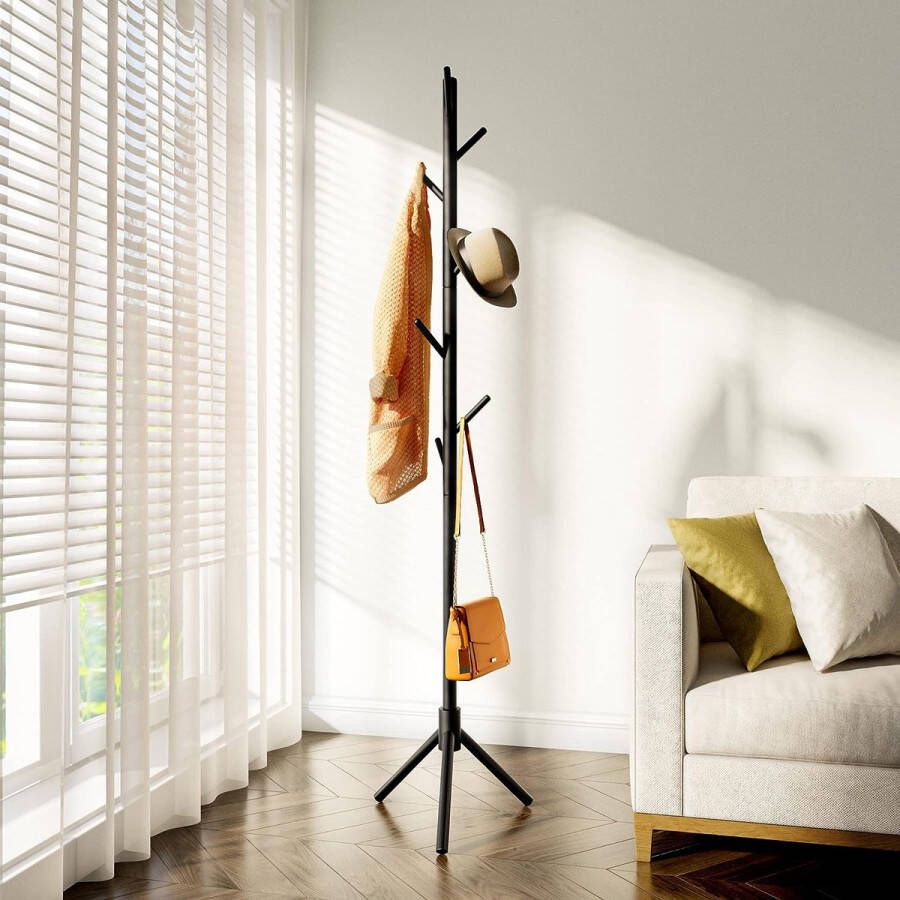 Kapstok hout vrijstaande kledingstandaard met 8 haken driehoogte onderstel voor kleding hoeden cups entree woonkamer hal Zwart