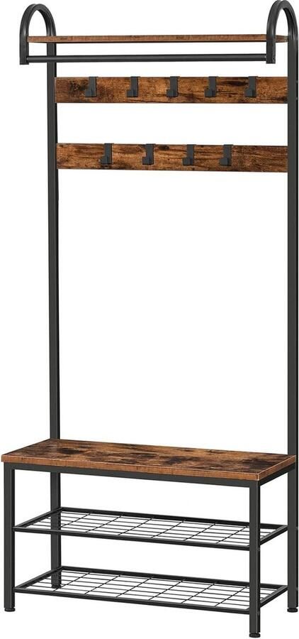 Kapstok Industriële garderobe met Opbergplank Schoenenbank Ingang Opslag Organizer Hoogte 182 cm Eenvoudige montage Rustiek Bruin kapstok