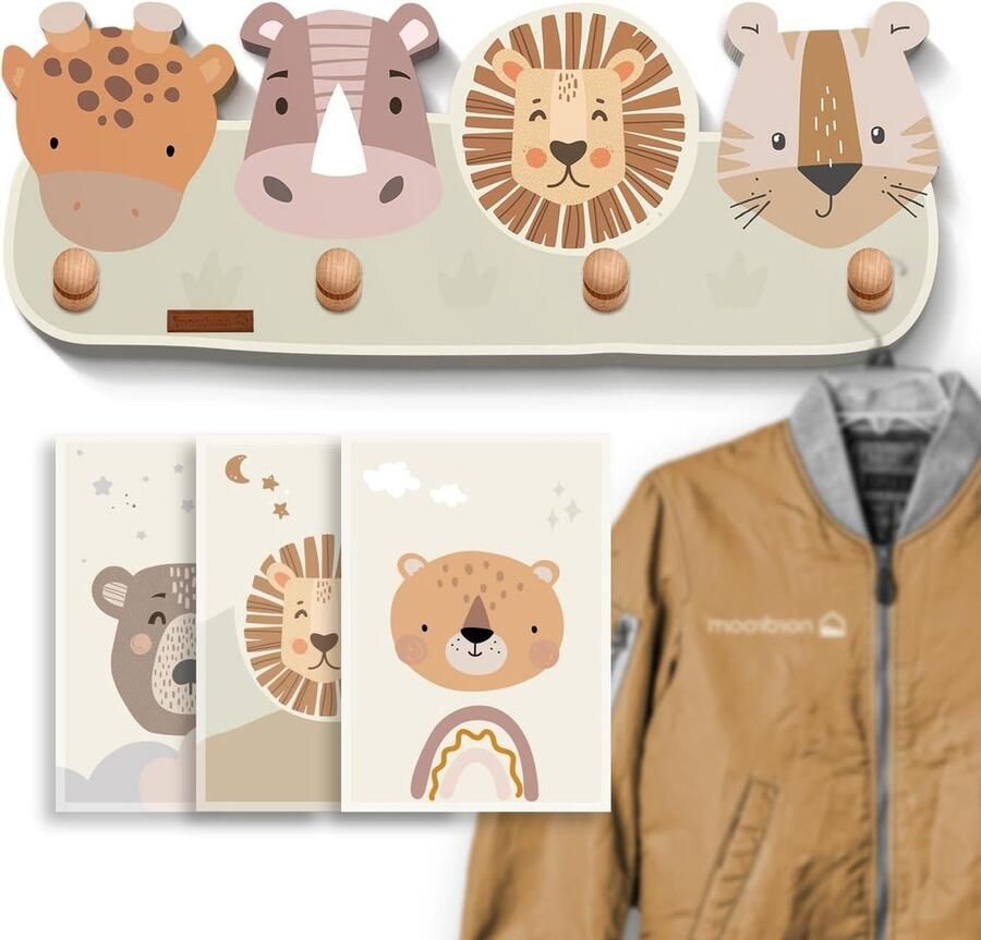 Kapstok Kindergarderobe met 4 haken diermotieven voor kinderkamer van hout mikkvill beukenhout ca. 39 x 15 x 5 cm
