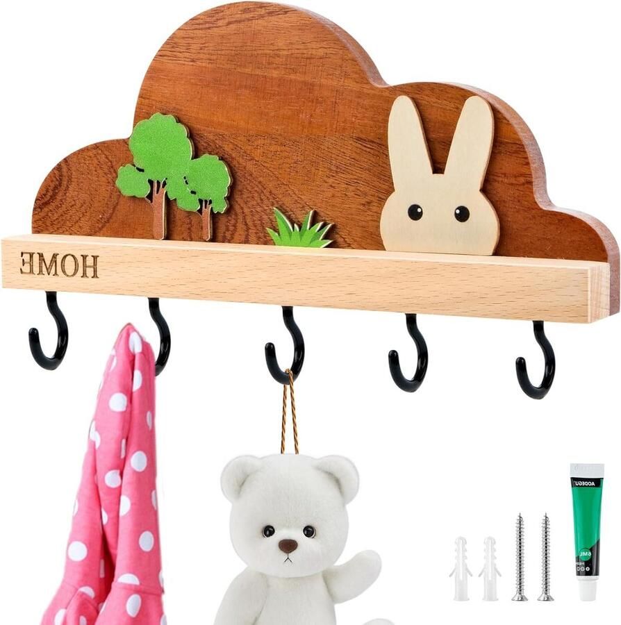 Kapstok kindergarderobe wolkenvorm houten kindermuurgarderobe unisex 10 x 12 cm 5 haken handgemaakt gepersonaliseerd kinderlijke ontwerpen kapstok