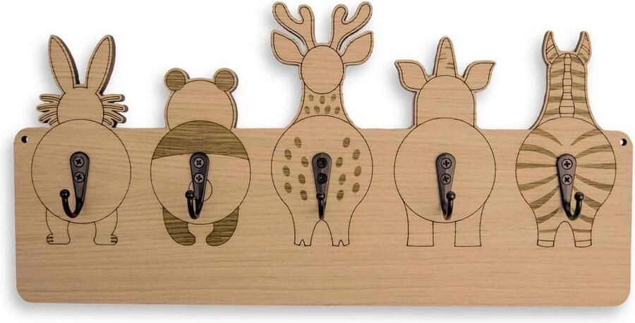 Handgemaakte Kinderkapstok 5 haken Dieren Thema 40x21 cm Houten Wandkapstok met Beugels