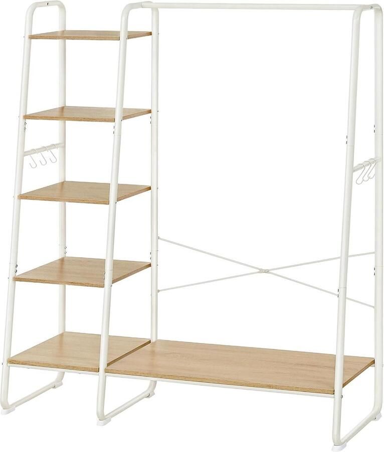 Kapstok kledingrek 45 x 120 x 160 cm met kledingroede en schoenenrek open kledingkast met 6 afneembare haken voor slaapkamer en hal eiken wit