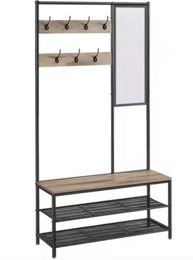 J&R Kapstok Kledingrek Garderobekast Planken 7 Haken Spiegel Hout en metaal Industrieel Bruin Zwart