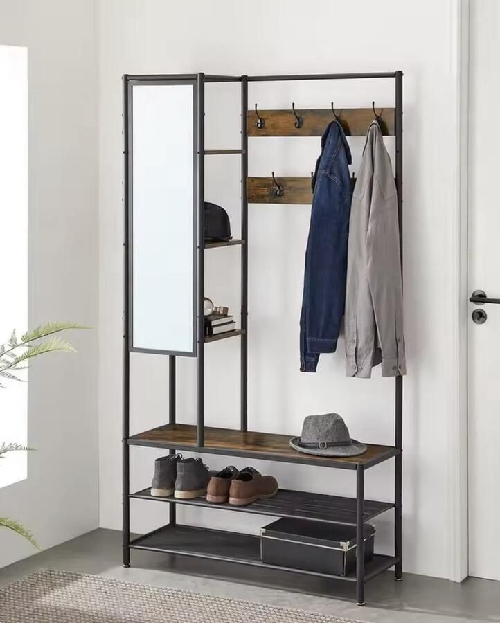 J&R Kapstok Kledingrek Kledingstandaard Garderobekast Kleerhanger Garderoberek Gangmeubel Kapstok Staande kapstok Vestiairemeubel Kast Rek Planken 7 Haken Spiegel Schoenen rek Hout en metaal Industrieel Bruin Zwart