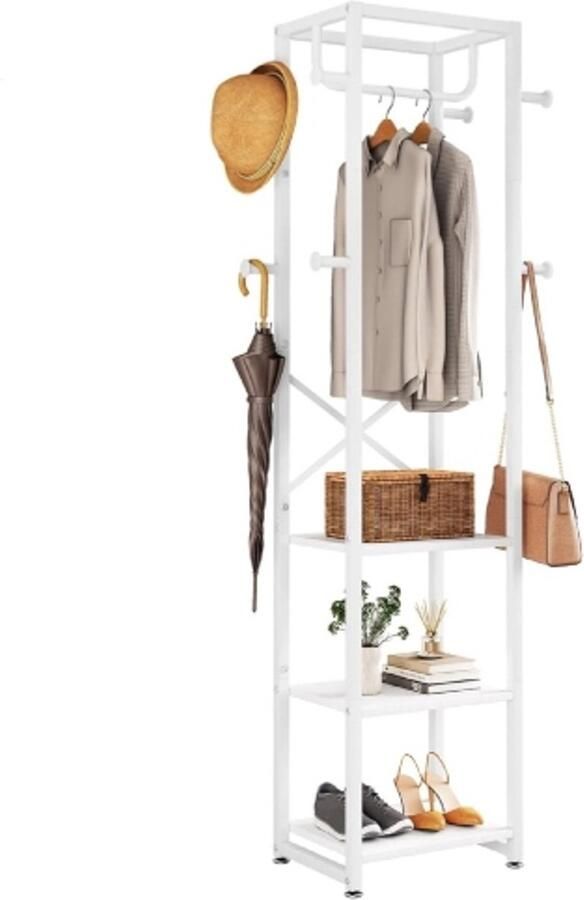 Retadou Kapstok kledingrek met 3 planken en 8 haken vrijstaande garderobe industriële stijl voor sjaals tassen paraplu's en dozen wit