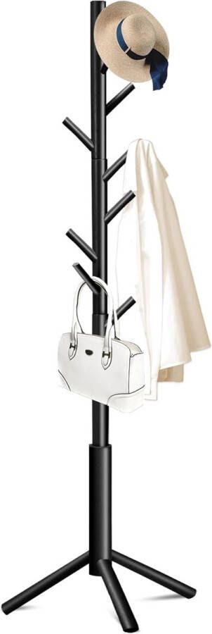 Kapstok kledingrek van massief hout 8 haken boomvorm 3 verstelbare hoogtes voor kleding hoed woonkamer slaapkamer kantoor hal (zwart)