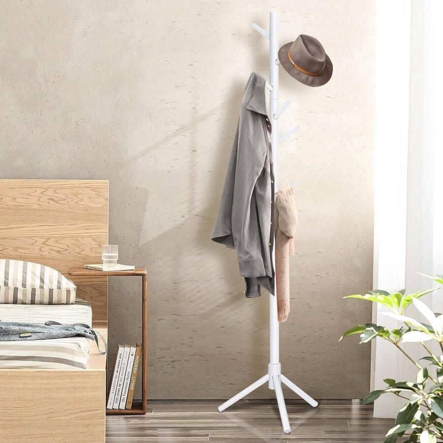 Kapstok kledingrek van massief hout vrijstaande kapstok in boomvorm 180 cm hoogte met 8 haken en 3 verstelbare hoogtes voor ingangen woonkamer wit 1 pak