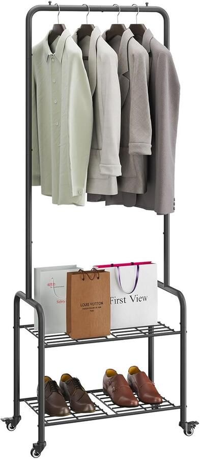 Kapstok kledingrek van metaal vrijstaand kledinghangerrek met wieltjes kledingrek met 2 opbergvakken voor de slaapkamer 61 x 32 x 176 cm zwart