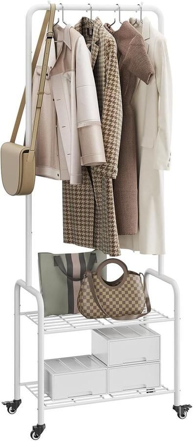 Kapstok kledingrek van metaal vrijstaand kledinghangerrek met wieltjes kledingrek met 2 opbergvakken voor de slaapkamer 61 x 32 x 176 cm wit