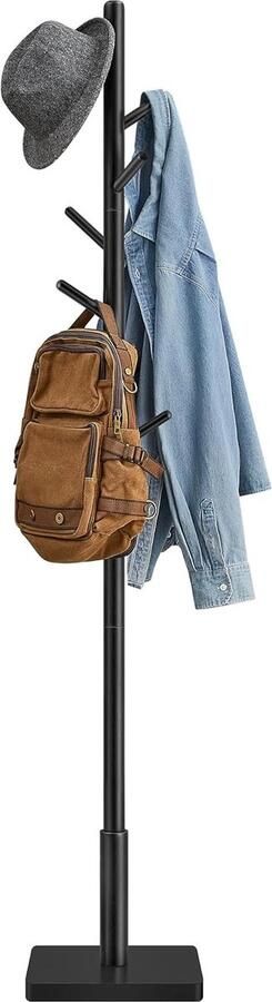 VASAGLE Kapstok kledingstandaard massief hout jasstandaard boomvorm 8 haken voor jassen hoeden voor hal haken en houderstang van rubberhout inktzwart