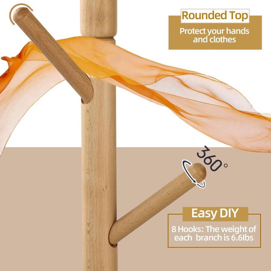 Kapstok kledingstandaard van massief hout garderobe in boomvorm met anti-slip pad en bijzettafel 8 haken 3 verstelbare hoogtes 182 cm hoogte voor woonkamer natuurlijk
