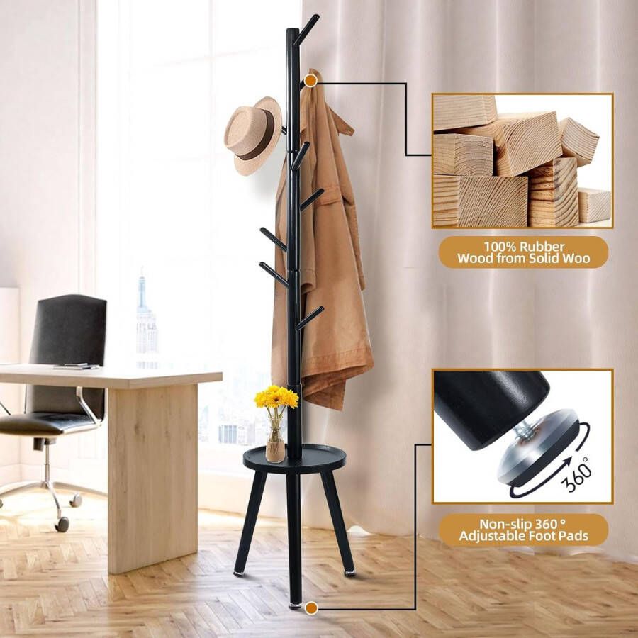 Kapstok kledingstandaard van massief hout garderobe in boomvorm met anti-slip pad en bijzettafel 8 haken 3 verstelbare hoogtes 182 cm hoogte voor ingangen woonkamer zwart