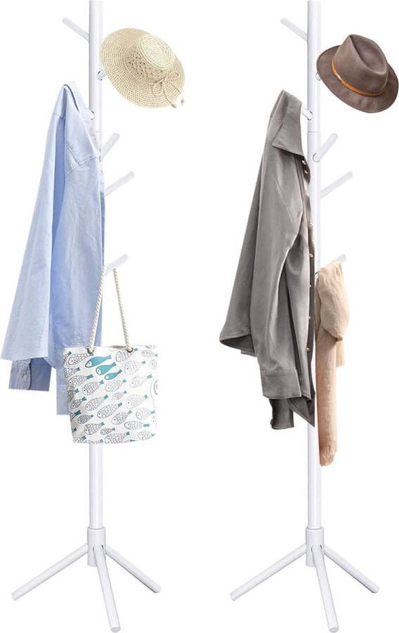 Kapstok kledingstandaard van massief hout vrijstaande garderobe in boomvorm 180 cm hoog met 8 haken en 3 verstelbare hoogtes voor ingangen woonkamer wit 2 stuks