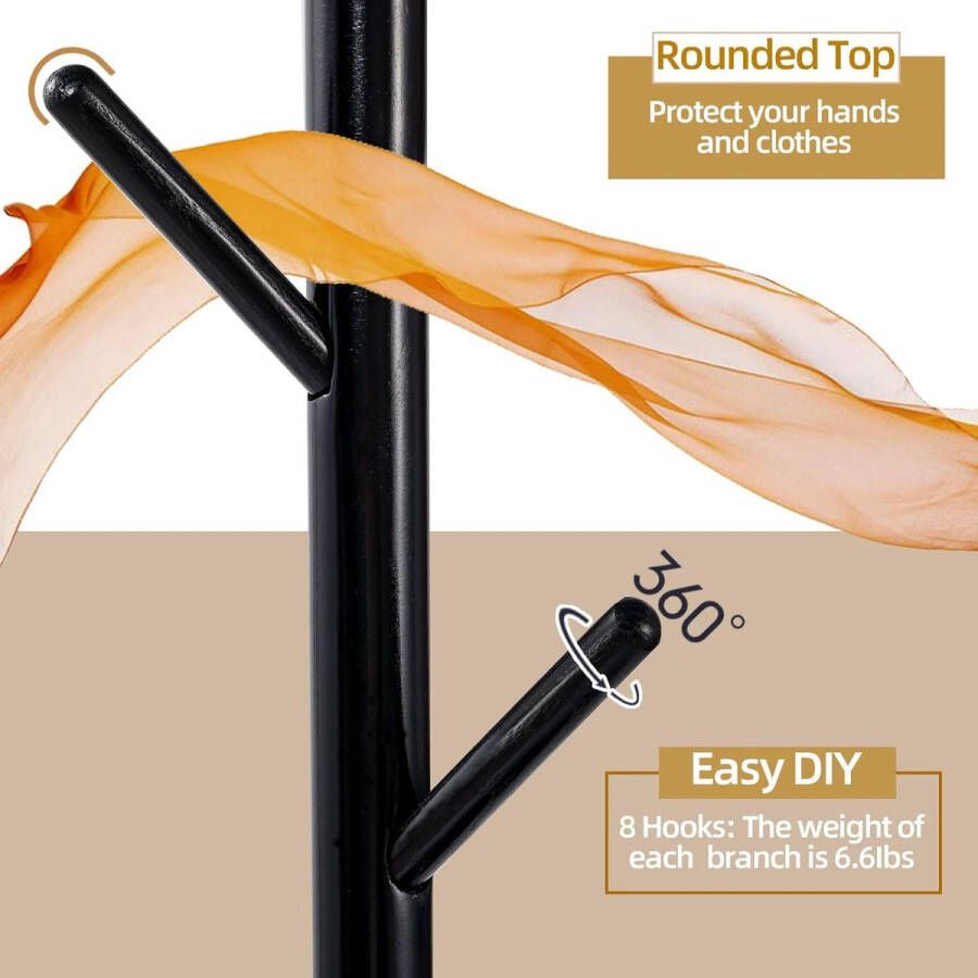 Kapstok kledingstandaard van massief hout vrijstaande garderobe in boomvorm 180 cm hoog met 8 haken en 3 verstelbare hoogtes voor ingangen woonkamer zwart 1 verpakking