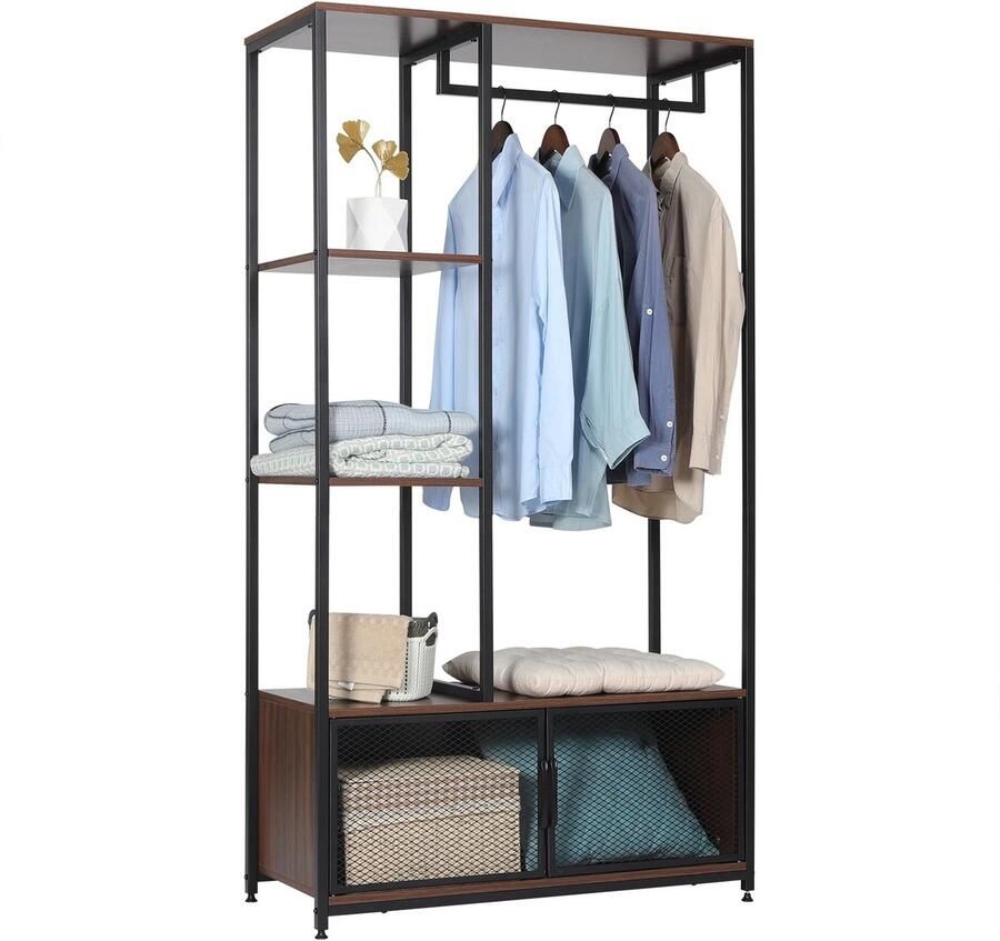 Kapstok Kleerhanger Vloerstaand – Open Kledingrek met Opbergkast – Industrieel Ontwerp – Metalen Frame met Houten Planken – 90x40x167 cm – Organizer met Kledingrail – Voor Slaapkamer Hal of Winkel – MDF en Staal – 20 kg Draagvermogen per Plank