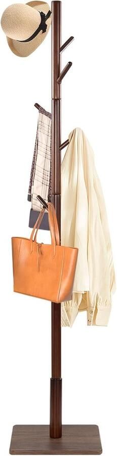 Retadou Kapstok massief beukenhout garderobestang voor kleding hoeden kledingrek voor ingang woonkamer 8 haken 3 verstelbare hoogtes bruin 30 x 30 x 180 cm