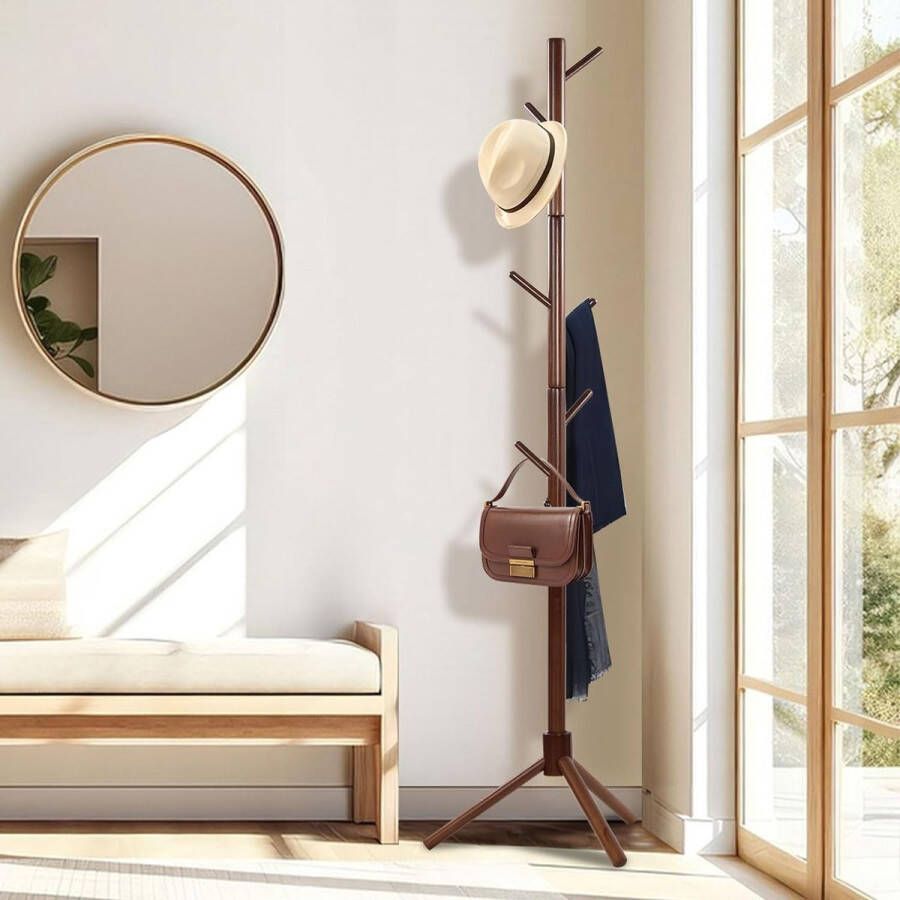 Kapstok massief hout van rubberhout kapstok voor kleding hoeden tassen ingang woonkamer slaapkamer 8 haken 3 verstelbare hoogtes bruin 42 x 180 cm - Foto 2