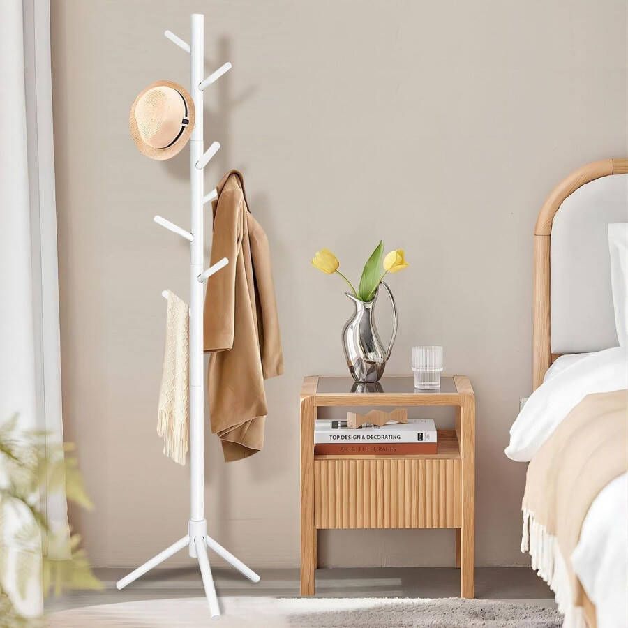 Kapstok massief hout van rubberhout kapstok voor kleding hoeden tassen ingang woonkamer slaapkamer 8 haken 3 verstelbare hoogtes wit 42 x 180 cm