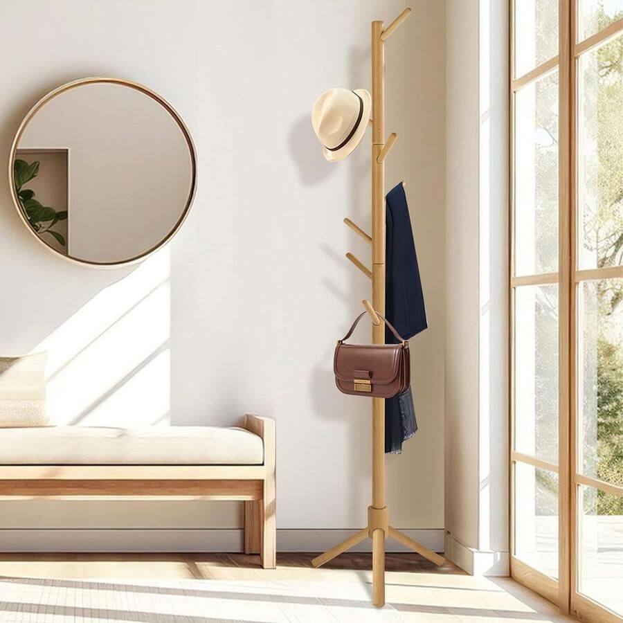 Kapstok massief hout van rubberhout kapstok voor kleding hoeden tassen ingang woonkamer slaapkamer 8 haken 3 verstelbare hoogtes houtkleuren 42 x 180 cm