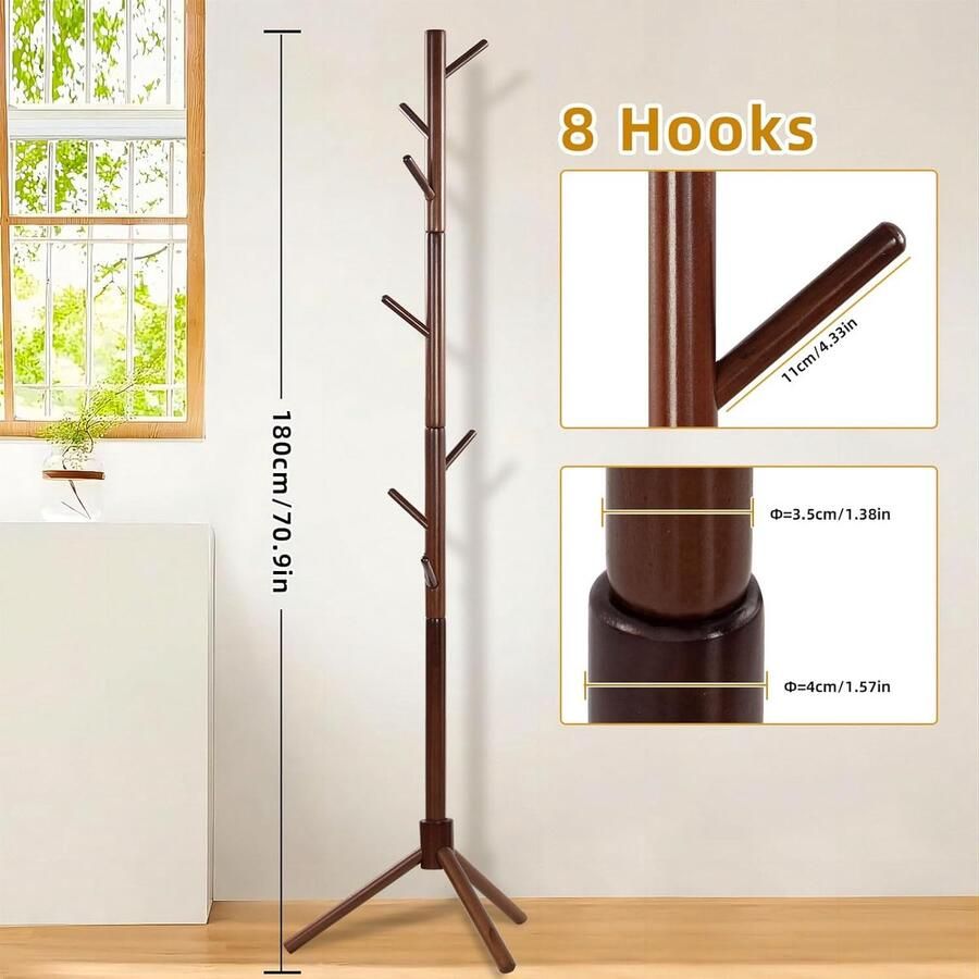 Kapstok massief hout van rubberhout kapstok voor kleding hoeden tassen ingang woonkamer slaapkamer 8 haken 3 verstelbare hoogtes bruin 42 x 180 cm