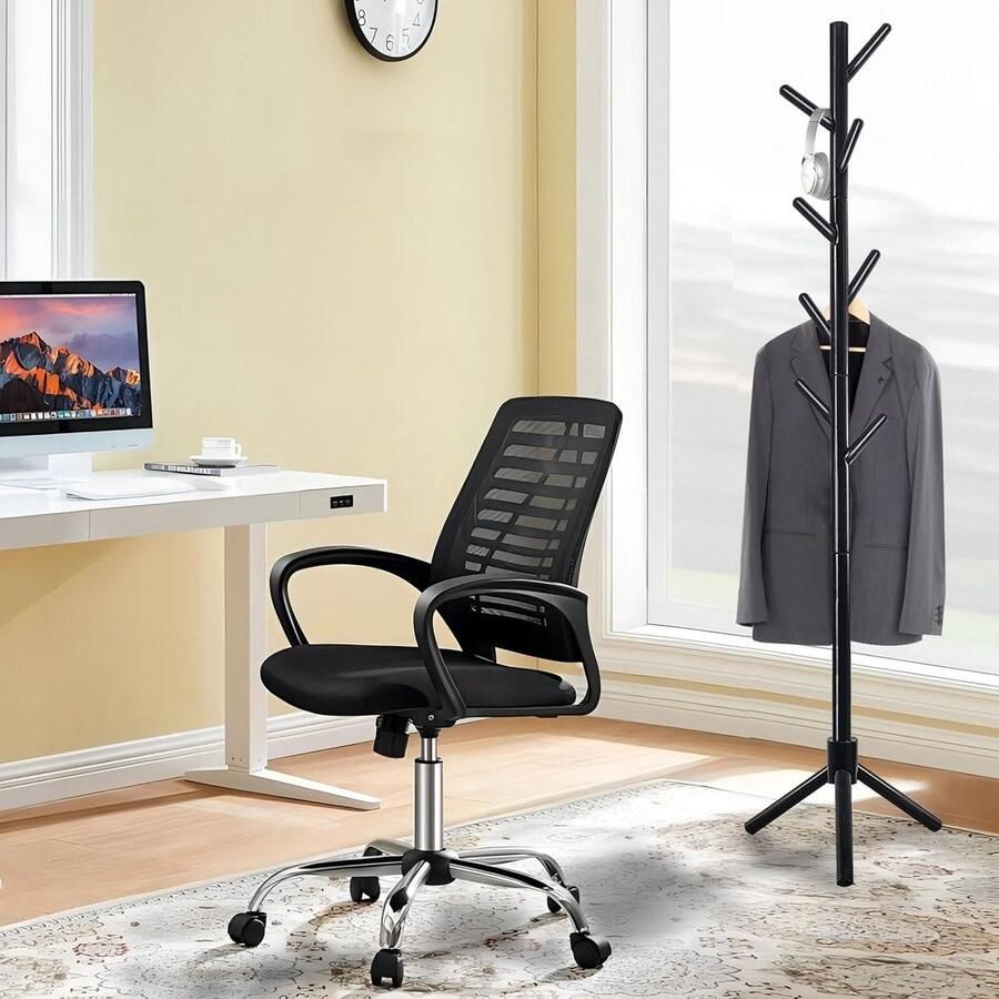 Kapstok massief hout van rubberhout kledingopberger voor hoeden en tassen ingang woonkamer slaapkamer kantoor 8 haken 3 verstelbare hoogtes zwart 42 x 180 cm