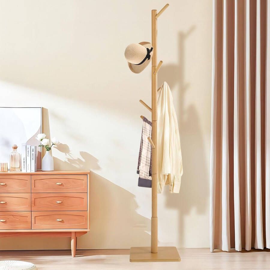 Kapstok massief hout van rubberhout kledingstandaard voor kleding hoeden jasstandaard voor ingang woonkamer 8 haken 3 verstelbare hoogtes houtkleuren 30 x 30 x 180 cm