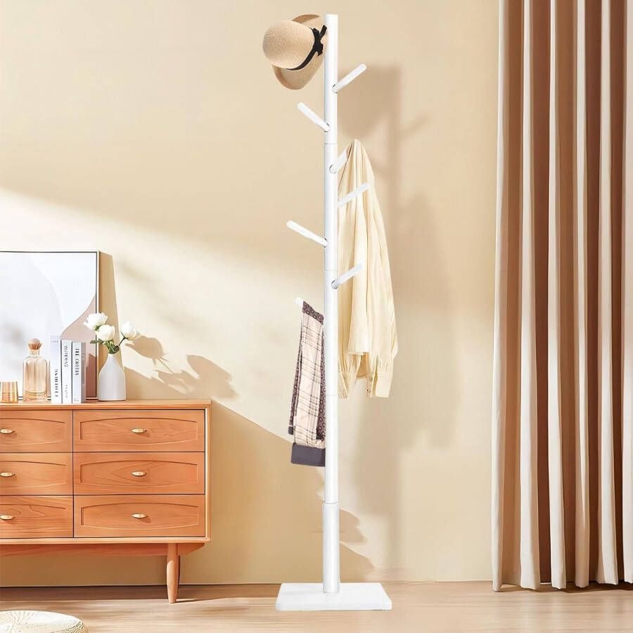 Kapstok massief hout van rubberhout kledingstandaard voor kleding hoeden jasstandaard voor ingang woonkamer 8 haken 3 verstelbare hoogtes wit 30 x 30 x 180 cm
