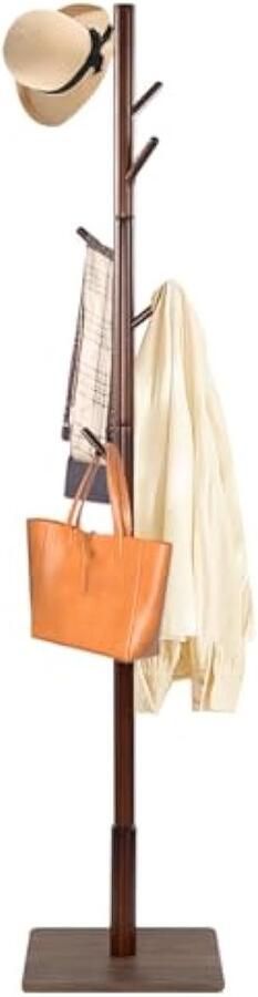 Kapstok massief hout van rubberhout kledingstandaard voor kleding hoeden jasstandaard voor ingang woonkamer 8 haken 3 verstelbare hoogtes bruin 30 x 30 x 180 cm