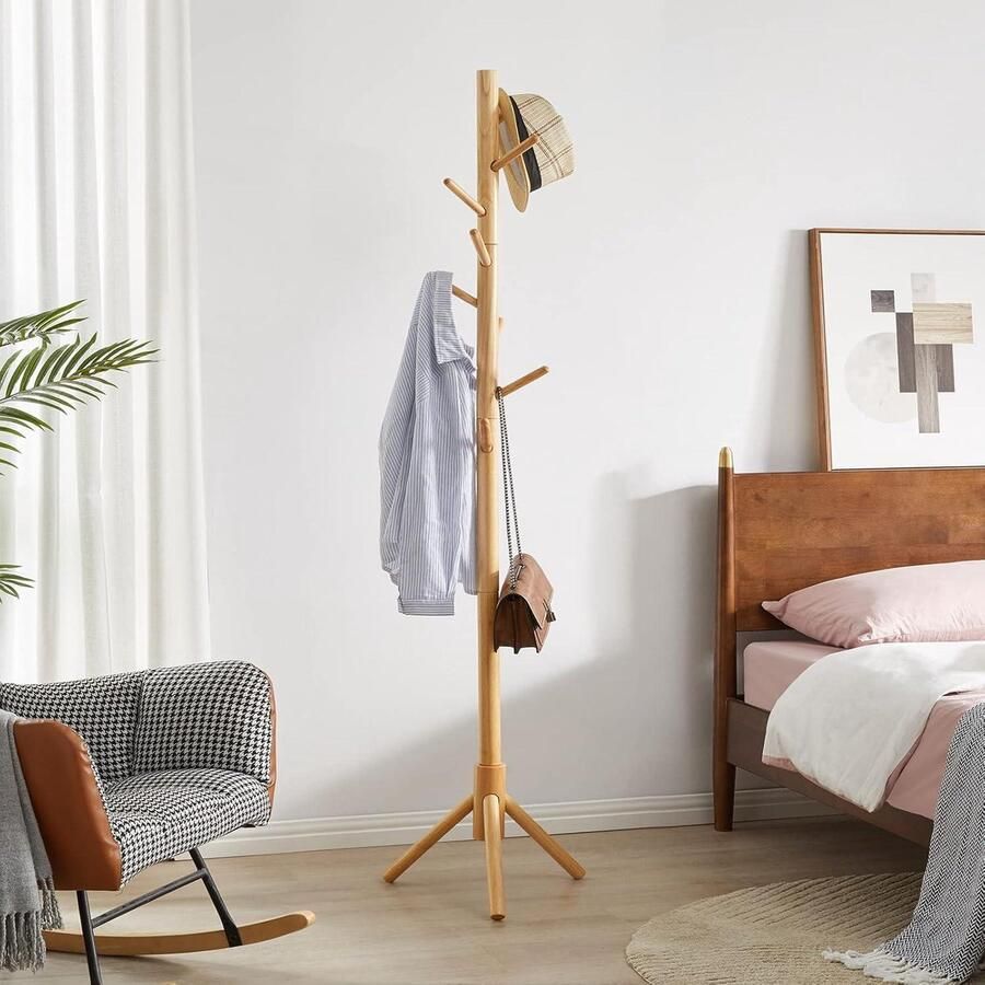 Kapstok massief hout vrijstaande kledingstandaard met 8 haken boomvorm jassen hoeden tassen entree hal houtkleur
