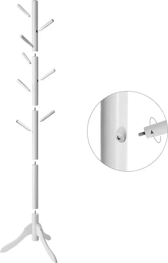 Kapstok massief houten kapstok vrijstaand boomvormige kapstok met 8 haken voor jassen hoeden tassen entree gang rubberhout witte RCR60WT