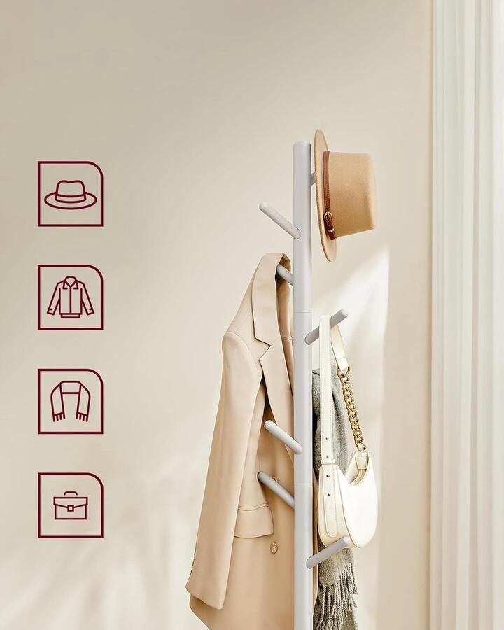 Kapstok Massief Houten Kledingrek Boom Garderobekast 8 Haken 3 Verstelbare Hoogtes voor Kleding Hoedentas Woonkamer Slaapkamer Kantoor Cappuccino Beige