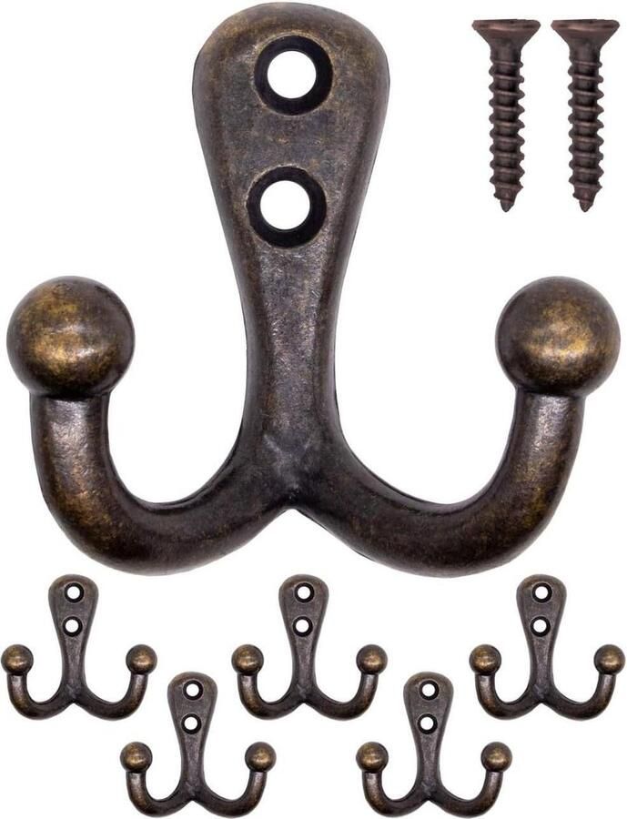Kapstok Massieve antieke dubbele haken-garderobehaken-messing-brons-design-set van 5 met vintage uitstraling