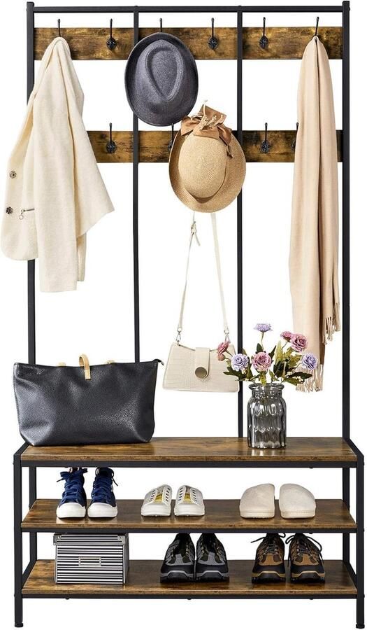 Kapstok met 24 Haken Schoenenrek en Zitbank voor Hal Slaapkamer en Woonkamer – Ruimtebesparend Meubelstuk