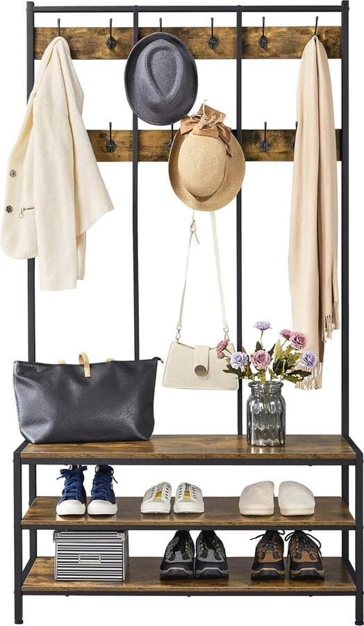 Kapstok met 24 haken schoenenrek & zitbank voor slaapkamer en hal