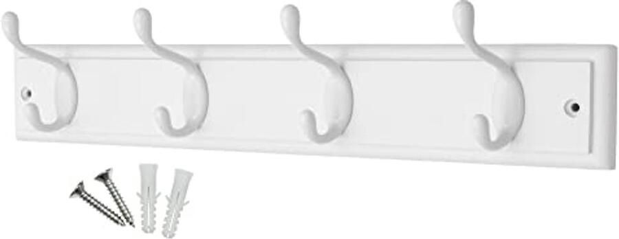 Kapstok met 4 haken aan witte houten plank Minimalistische wandoplossing voor elke entree