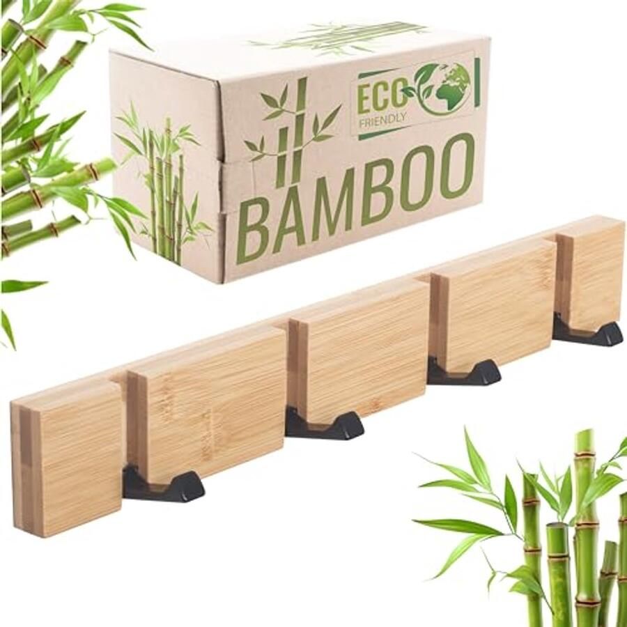 Kapstok met 4 uitklapbare haken van bamboe en staal Wandkapstok voor jassen en accessoires