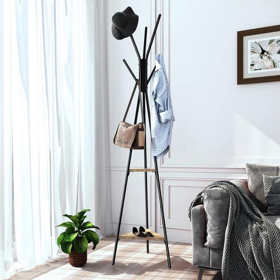 Kapstok met 5 haken en 2 planken Ingang Kledingrek voor Mantels Hoeden Tassen opgemaakt kapstok hangend met plank