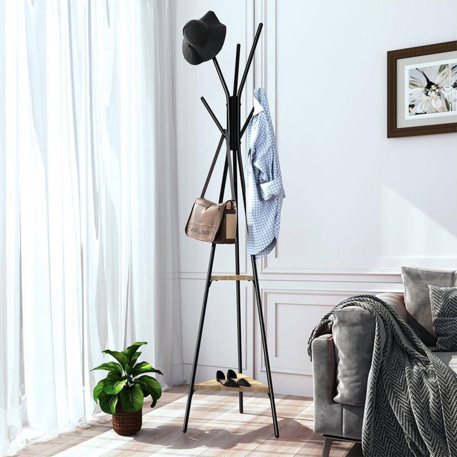 Kapstok met 5 haken en 2 planken voor entree kledingrek voor jassen hoeden tassen
