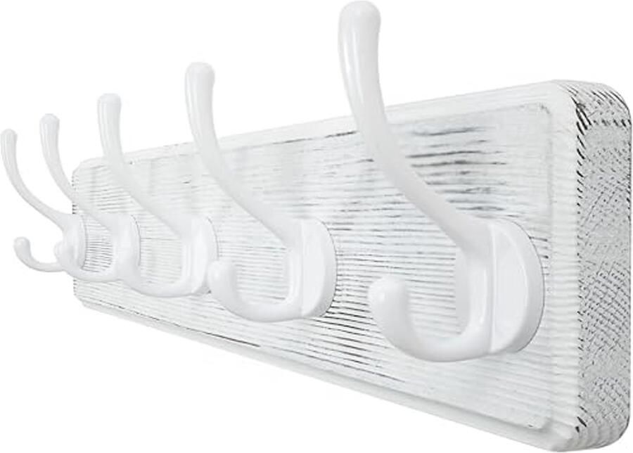 Kapstok met 5 Haken Wandkapstok voor Jassen Houten Jashaken Wit