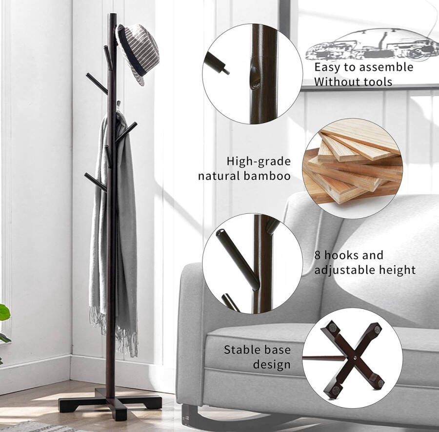 Kapstok met 8 haken 3 verstelbare hoogtes vrijstaande houten boomvormige kapstok voor jassen hoeden en tassen voor de woonkamer slaapkamer kantoor en gang (bruin) - Foto 2