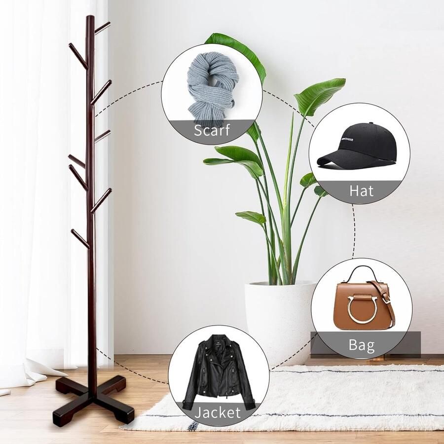 Kapstok met 8 haken 3 verstelbare hoogtes vrijstaande houten boomvormige kapstok voor jassen hoeden en tassen voor de woonkamer slaapkamer kantoor en gang (bruin)